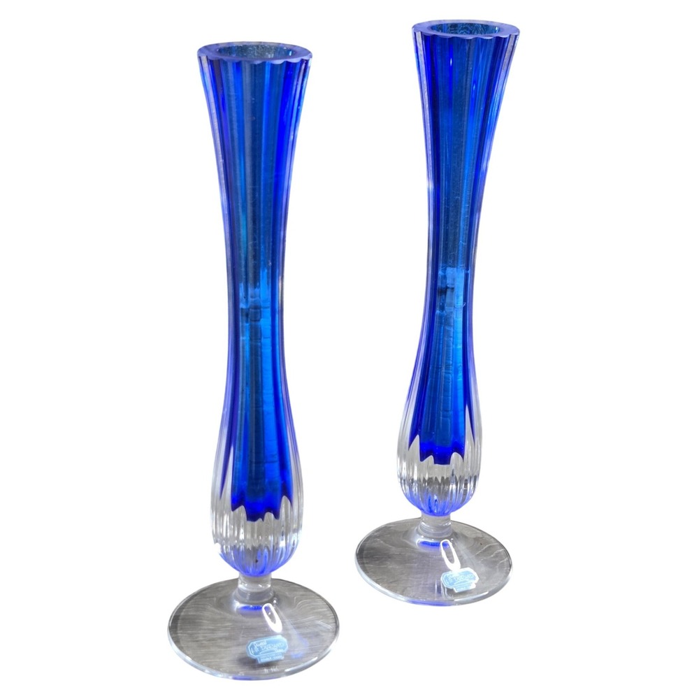 J.G. Durand Cristal Double Cased Bud Vase Pair Blue 10in French Crystal Vintage
